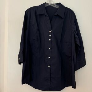 Button-down Shirt, Dark Navy Blue 3/4 Length Sleeves, 1X